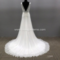 Modern Watteau Train Lace V Neck Illusion Backless Sleeveless Custom Wedding Dress Bride